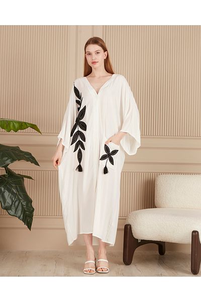 BeyzaBayram White Embroidered Viscose Long Dress - Loose, Plus Size, with Pockets