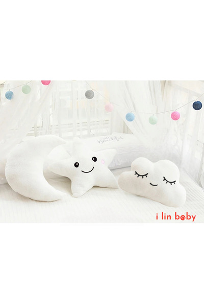 i lin baby 3'lü Dekoratif Pelüş Yastık, Bebek Odası Yastığı, Peluş Bulut Yıldız Bebek Yastığı