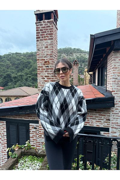 Bengi Clothing Pulover din tricot cu aspect de lână alb-negru cu model Argyle