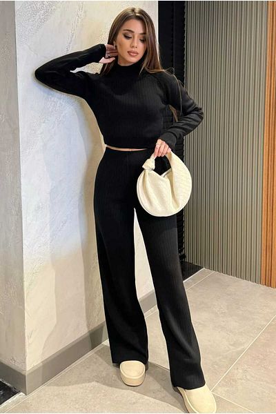 WellWay Set pulover și pantaloni tricotaje cu picioare largi pentru femei - negru