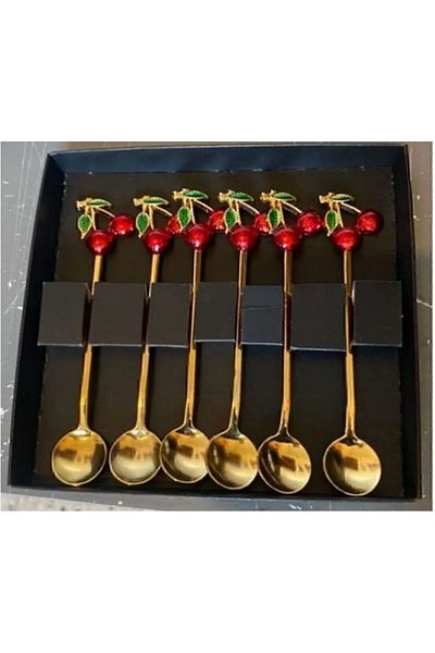 By Ayça Vardan Cherry Set of 6 Spoons, Cherry Teaspoons, Decorative Spoons