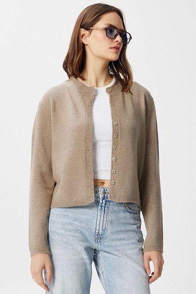 Ritnice Women's Nina Crew Neck Mink Basic Cardigan