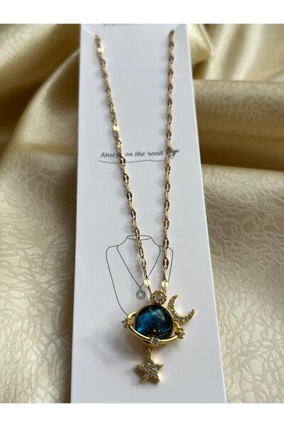 stainles steel Çelik Gold Renk Satürn ve Ay Yıldız Gezegen Kolye