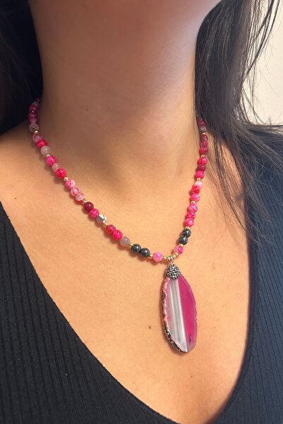 Suerte Accessories Pink Agate and Hematite Natural Stone Pink Quartz Natural Stone Nib Gold Accessory Special Design Handmade Necklace
