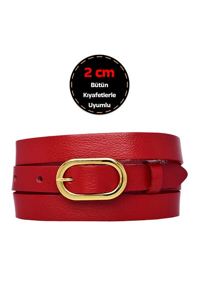 GoDeri Red Thin 2 cm Buckle 100% Genuine Leather Women's Belt - Dress and Pants Belt New.Ovl