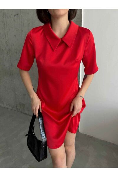 Gökkuşağı Saten Gömlek Yaka Kısa Kollu Mini Elbise