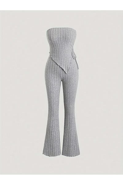 Marin Star Grey Strapless Asymmetrical Lycra Side Drawstring Blouse Bottom Top Suit, Stretchy Fabric Gray Drawstring Strapless Suit