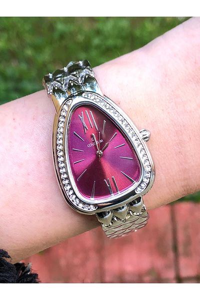 Coliseum Triangle Silver Inside Burgundy Design Women's Watch with Stone