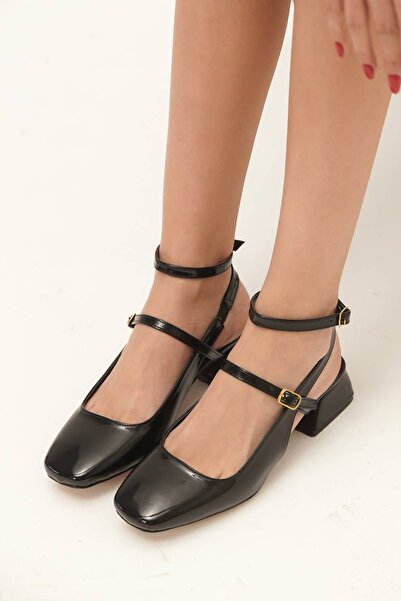 Lizzu Kadın Mary Jane Baret Detay Kısa Topuklu Ayakkabı Lovie Siyah Rugan