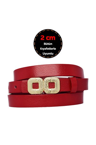 GoDeri 2cm Red Thin Women's Belt with Gold Color Buckle - 100% Genuine Leather, for Dress and Pants