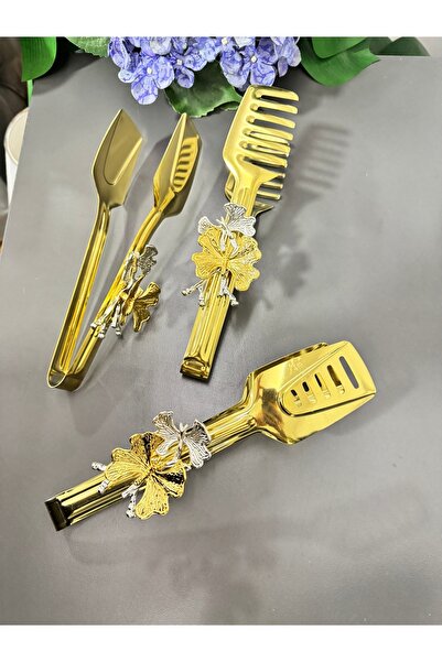 Moon Dizayn Gold Serving Tongs Set of 3 with Butterfly Accessories - Salad Pasta Pastry Tongs Set of 3
