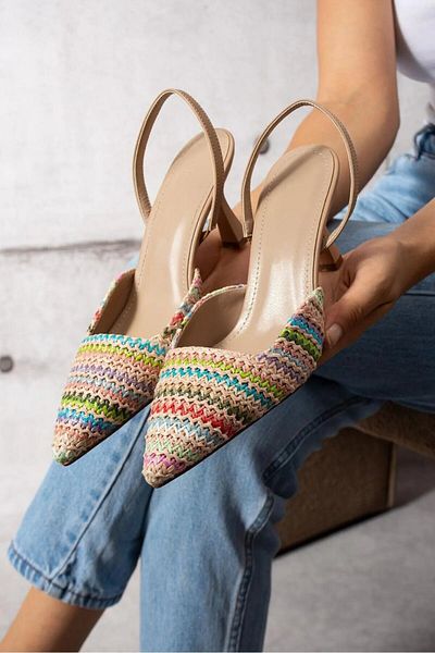 Everest Women's Stiletto Thin Toe Multicolor Straw Slingback Heels 7cm