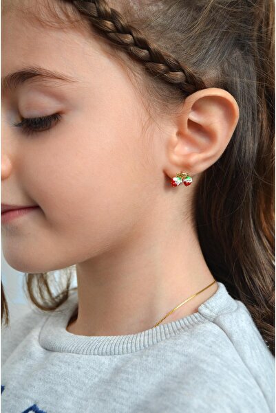 Sacce Scarves&Accessories Rodyum İkili Kırmızı Çilek Küpe Çilek Figürlü Çocuk Küpe