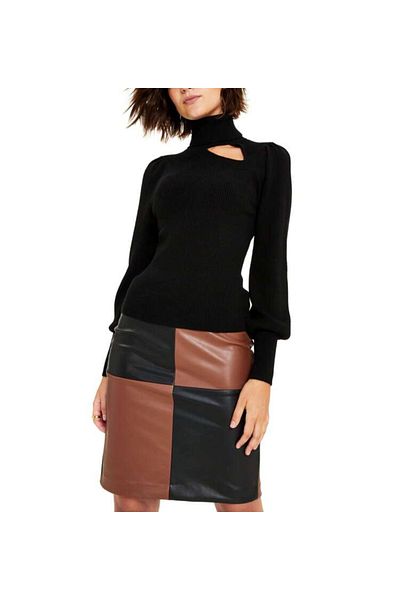MAROVOAY Faux Leather Black and Tan Color Garnied Pencil Skirt