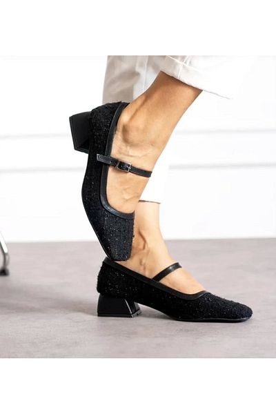 Everest Pantofi cu toc de damă din țesătură din tweed negru