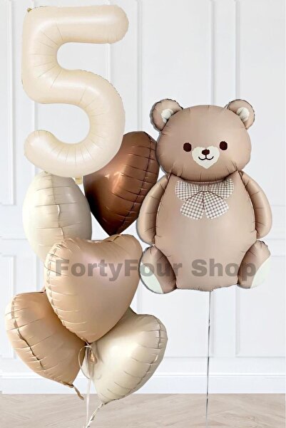 Öz-bal 5 Yaş Retro Kalpler Krem Rakam Karamel Ayı Doğum Günü Balon Seti