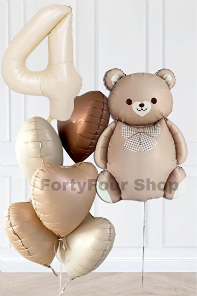 Öz-bal 4 Yaş Retro Kalpler Krem Rakam Karamel Ayı Doğum Günü Balon Seti