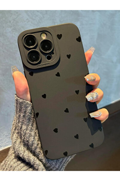 KVK PRİVACY İphone 16 Pro Uyumlu Kılıf Mat Siyah Kalp Desenli Yumuşak Kamera ...