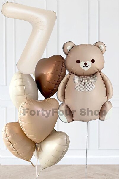 Öz-bal 7 Yaş Retro Kalpler Krem Rakam Karamel Ayı Doğum Günü Balon Seti