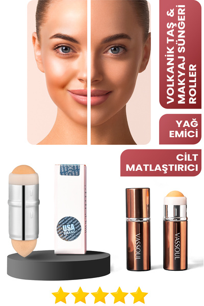 Vassoul Volkanik Taş Yüz Roller, Yağ Emici, Cilt Matlaştırıcı Lav Taş + Makyaj Süngeri