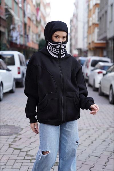 Simala Hanorac de damă cu fermoar cu fermoar brodat cu model Samurai - negru