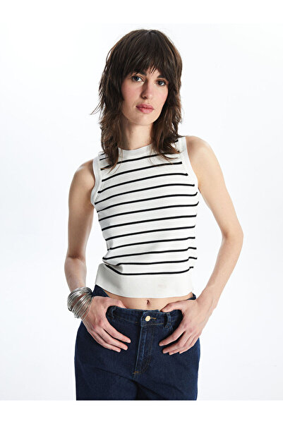 LC Waikiki Ecru Crew Neck Striped Crop Women's Knitwear Singlet