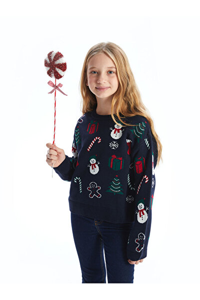LC Waikiki Navy Blue Crew Neck Christmas Themed Girl's Knitwear Sweater