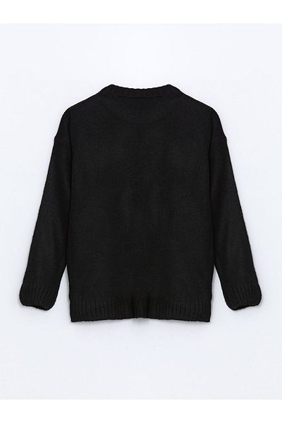 LC Waikiki Lcw Kids Black Crew Neck Sequin Embroidered Girls' Knitwear Sweater
