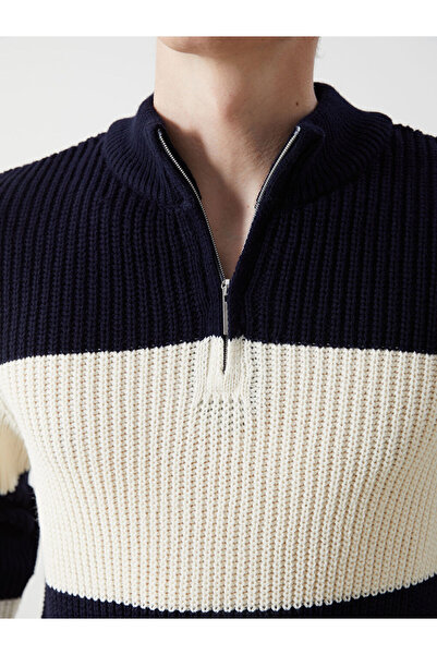 LC Waikiki Navy Blue Mock Neck Long Sleeve Color Block Men's Knitwear Sweater