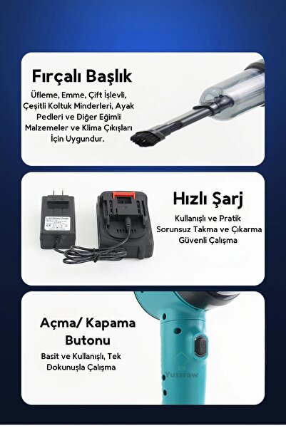 auhma Ahv-03 Oto Süpürge Sarjlı 16000pa 3 Kademeli Vakumlu Üflemeli Araç Süpergesi
