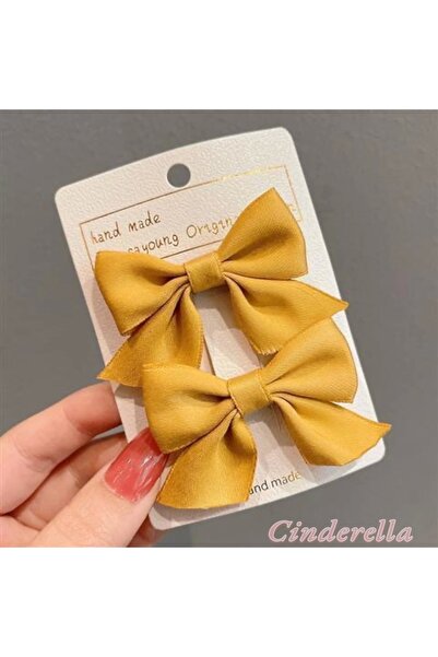 Cinderella 2'li Çocuk Saten Fiyonk Toka Seti Sarı - Kurdele Fiyonklu Klips Ka...