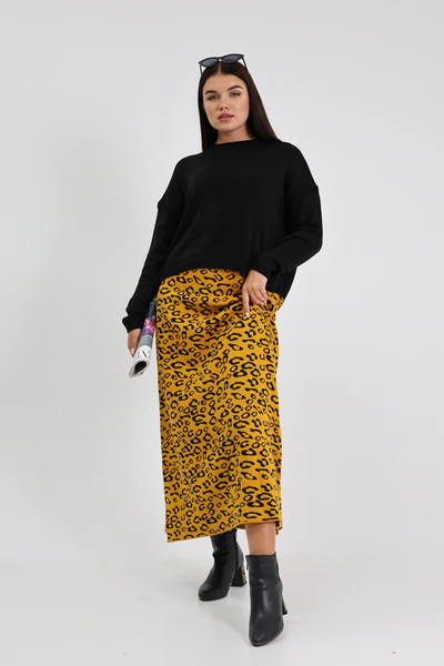 ALCHON Довгий светр з леопардовим принтом, круглим коміром і еластичним поясо...
