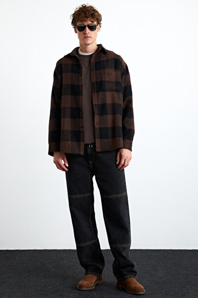 GRIMELANGE Мъжка риза Lumberjack - Wildy, памук-полиестер, свободна яка, кафява