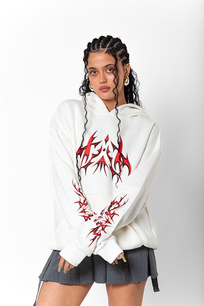 Bak Moda Holographic Red Printed Oversize Unisex Premium White Hoodie