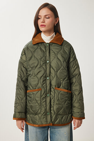 Happiness İstanbul Dámský prošívaný kabát s pololímečkem s límečkem Khaki DZ00096