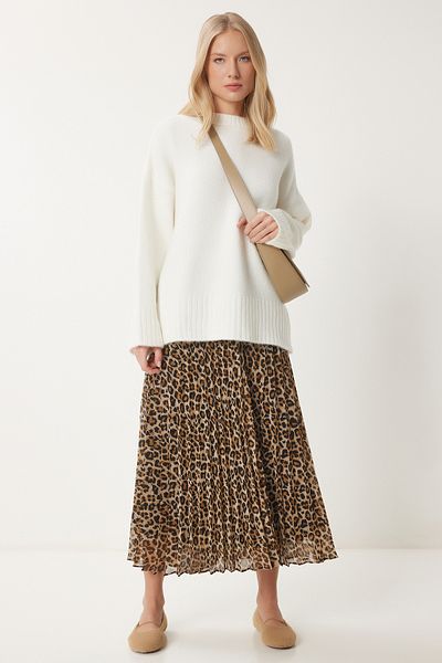 Happiness İstanbul Fusta țesătă plisată cu model leopard, negru, bej, WF00090