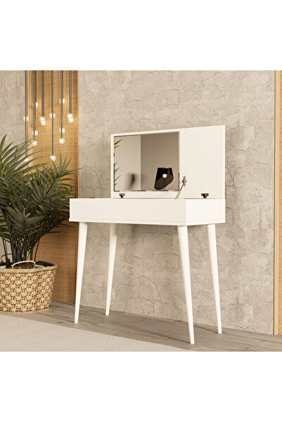 Mezza 2220 FLORA DÜŞER KAPAKLI AYNALI (AHŞAP AYAKLI) 80 CM MAKYAJ MASASI DRESUAR ÇALIŞMA MASASI BEYAZ