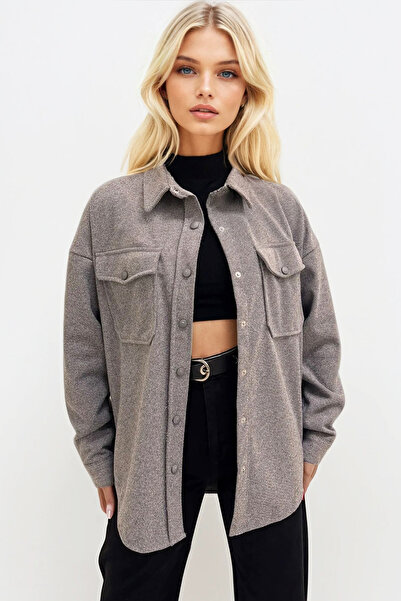 Trend Alaçatı Stili Dámská tmavě šedá oversize bunda se zapínáním na dvojitou kapsu Alc-X12487