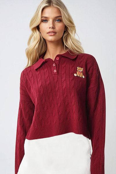 Trend Alaçatı Stili Burgunderfarbener Damen-Strickpullover mit Polokragen und Haarstrickmuster und Teddybär ALC-X13339