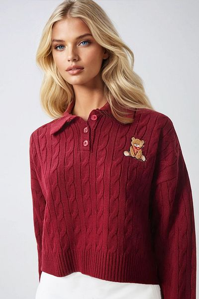 Trend Alaçatı Stili Burgunderfarbener Damen-Strickpullover mit Polokragen und Haarstrickmuster und Teddybär ALC-X13339