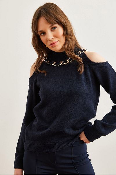 Olalook Marineblauer Damen-Strickpullover mit dicker Kette und detaillierter weicher Textur KZK- 19000877