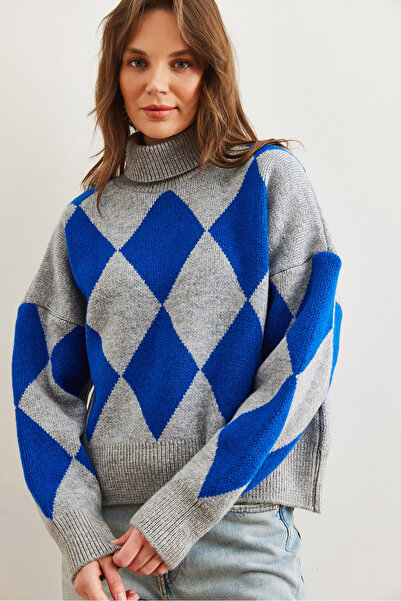 Olalook Pulover de damă gri cu gât rotic cu model baklava tricotaj supradimensionat KZK- 19000941