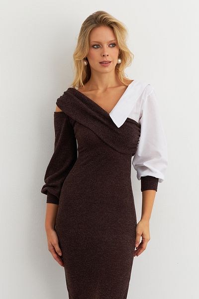 Cool & Sexy Rochie maxi cu guler asimetric din țesătură Bitter-Coffee pentru femei KED4469