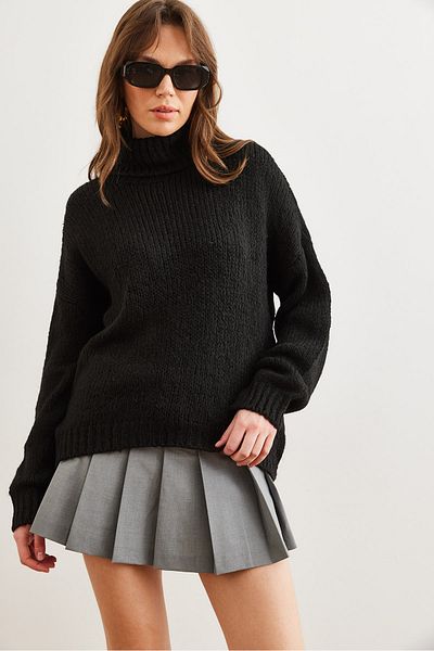 Olalook Pulover de damă negru cu gât țesut cu textura moale tricotaje groase KZK- 19000936