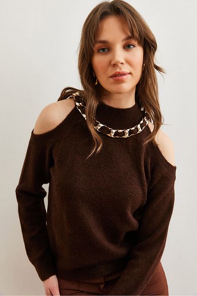 Olalook Women's Bitter Brown Thick Chain Detailed Soft Textured Knitwear Sweater Kzk- 19000877