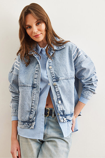 Olalook Kadın Mavi 3 Şerit Detaylı Cepli Denim Ceket CKT-19000421