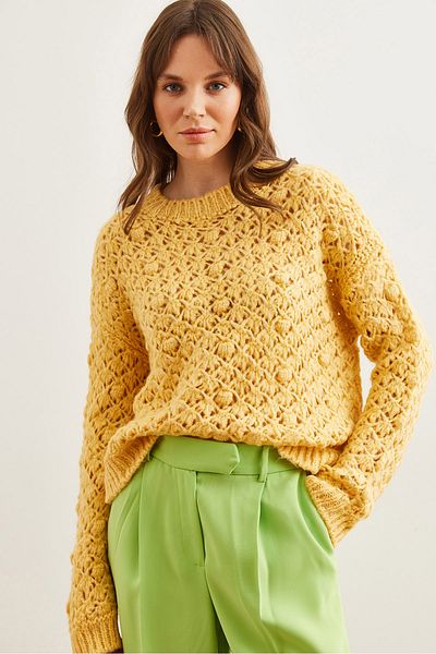 Olalook Women's Yellow Openwork Pompom Soft Textured Knitwear Sweater Kzk- 19000935