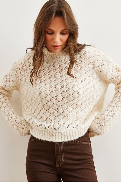 Olalook Women's Ecru Openwork Pompom Soft Textured Knitwear Sweater Kzk- 19000935