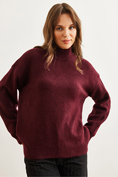 Olalook Women's Burgundy Half Fisherman Loose Fit Knitwear Sweater Kzk- 19000875