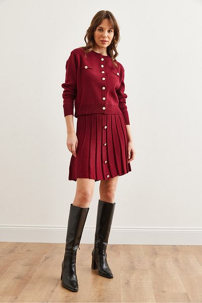 Olalook Women's Burgundy Button Detailed Top Cardigan Bottom Pleated Skirt Knitwear Set Tkm- 19000332